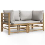 Garden Corner Sofas with Light Grey Cushions 2pcs Bamboo