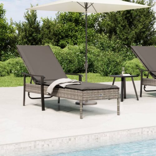 Sun Lounger with Cushion Grey Poly Rattan Wicker Outdoor Patio Furniture - Image 2