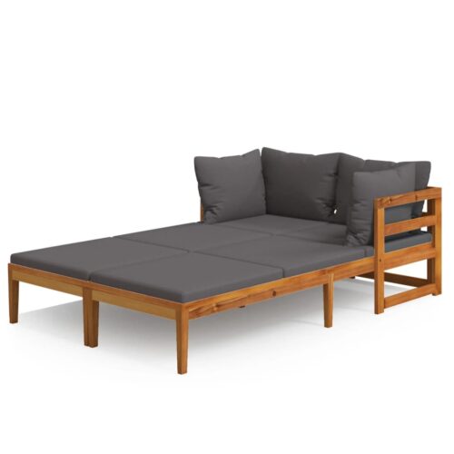 Sun Loungers with Dark Grey Cushions 2pcs Acacia Wood Outdoor Patio Lounge Furniture