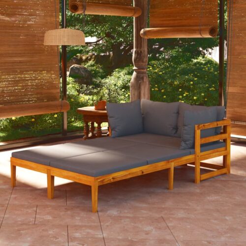 Sun Loungers with Dark Grey Cushions 2pcs Acacia Wood Outdoor Patio Lounge Furniture - Image 2