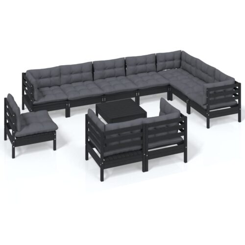 11-Piece Garden Lounge Set with Cushions Black Pine Wood Outdoor Patio Furniture