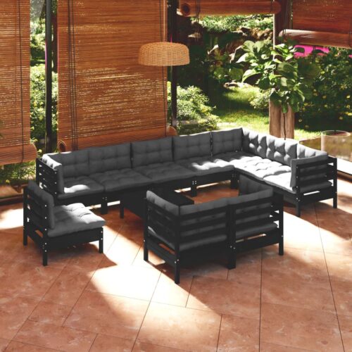 11-Piece Garden Lounge Set with Cushions Black Pine Wood Outdoor Patio Furniture - Image 2