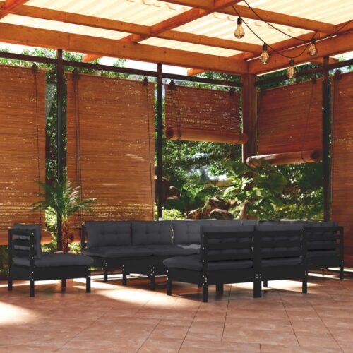 11-Piece Garden Lounge Set with Cushions Black Pine Wood Outdoor Patio Furniture - Image 9