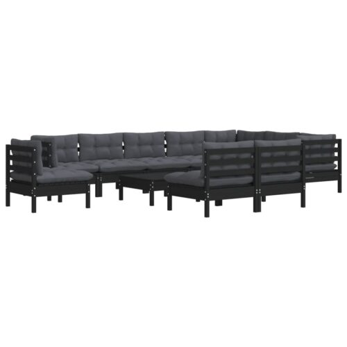11-Piece Garden Lounge Set with Cushions Black Pine Wood Outdoor Patio Furniture - Image 2