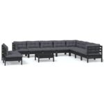 11-Piece Garden Lounge Set with Cushions Black Pine Wood Outdoor Patio Furniture