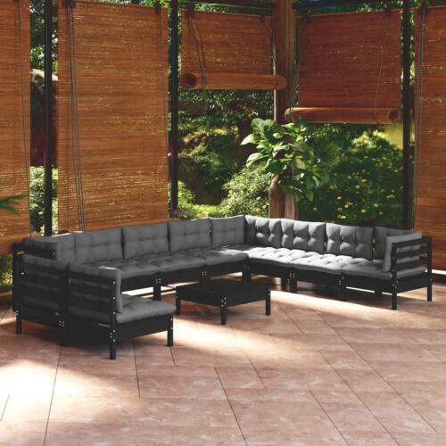 11-Piece Garden Lounge Set with Cushions Black Pine Wood Outdoor Patio Furniture - Image 2