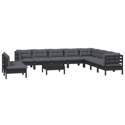 11-Piece Garden Lounge Set with Cushions Black Pine Wood Outdoor Patio Furniture - Image 3