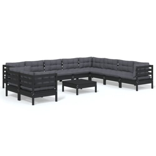 11-Piece Garden Lounge Set with Cushions Black Pine Wood Outdoor Patio Furniture