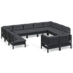 11-Piece Garden Lounge Set with Cushions Black Pine Wood Outdoor Patio Furniture