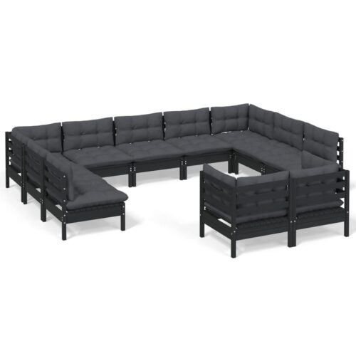 11-Piece Garden Lounge Set with Cushions Black Pine Wood Outdoor Patio Furniture