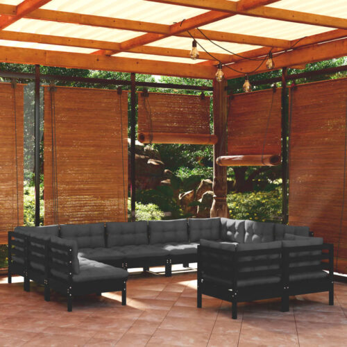 11-Piece Garden Lounge Set with Cushions Black Pine Wood Outdoor Patio Furniture - Image 7