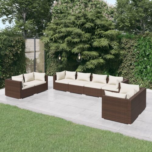 8-Piece Garden Lounge Set with Cushions Poly Rattan Wicker Outdoor Patio Furniture Brown - Image 2