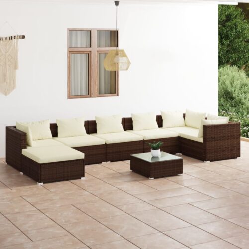 8-Piece Garden Lounge Set with Cushions Poly Rattan Wicker Outdoor Patio Furniture Brown - Image 2