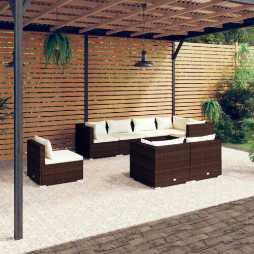 8-Piece Garden Lounge Set with Cushions Poly Rattan Wicker Outdoor Patio Furniture Brown - Image 2