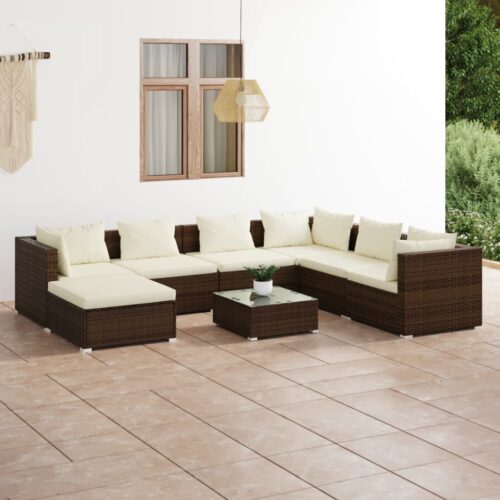 8-Piece Garden Lounge Set with Cushions Poly Rattan Wicker Outdoor Patio Furniture Brown - Image 2