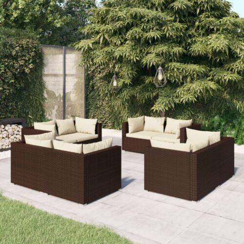 8-Piece Garden Lounge Set with Cushions Poly Rattan Wicker Outdoor Patio Furniture Brown - Image 2
