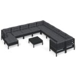 12-Piece Garden Lounge Set with Cushions Black Pine Wood Outdoor Patio Furniture