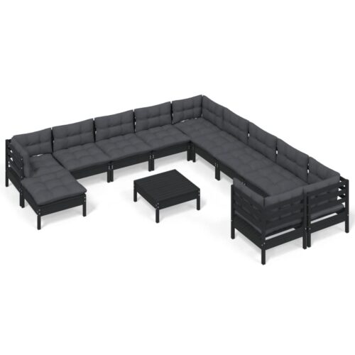 12-Piece Garden Lounge Set with Cushions Black Pine Wood Outdoor Patio Furniture