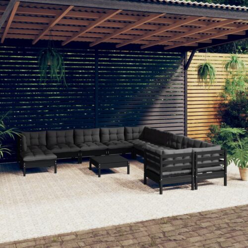 12-Piece Garden Lounge Set with Cushions Black Pine Wood Outdoor Patio Furniture - Image 2