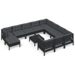 12-Piece Garden Lounge Set with Cushions Black Pine Wood Outdoor Patio Furniture