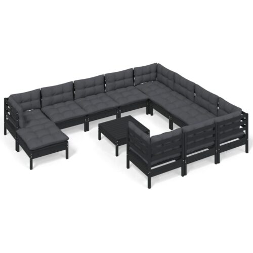 12-Piece Garden Lounge Set with Cushions Black Pine Wood Outdoor Patio Furniture
