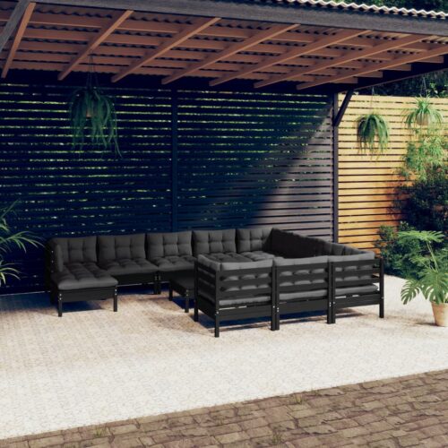 12-Piece Garden Lounge Set with Cushions Black Pine Wood Outdoor Patio Furniture - Image 2