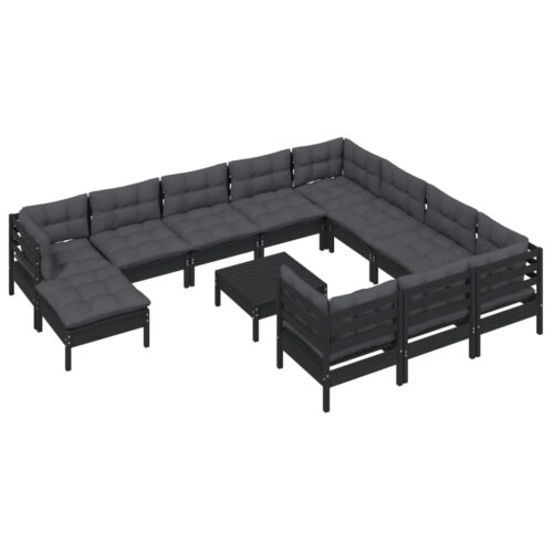 12-Piece Garden Lounge Set with Cushions Black Pine Wood Outdoor Patio Furniture - Image 3