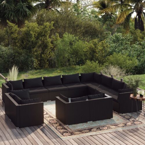 12-Piece Garden Lounge Set with Cushions Black Poly Rattan Wicker Outdoor Patio Furniture - Image 2