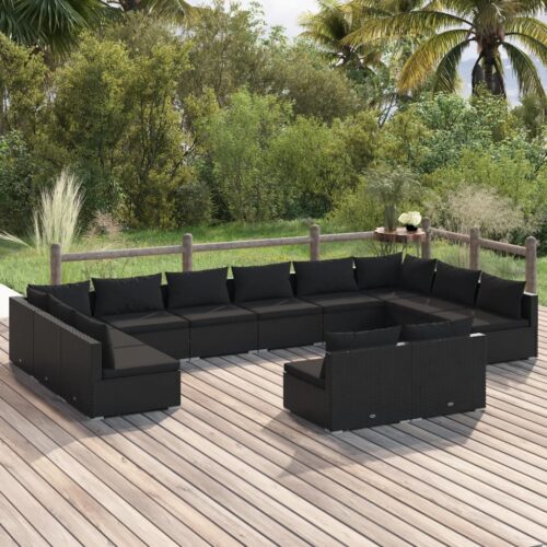 12-Piece Garden Lounge Set with Cushions Black Poly Rattan Wicker Outdoor Patio Furniture - Image 2