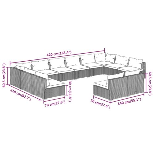 12-Piece Garden Lounge Set with Cushions Black Poly Rattan Wicker Outdoor Patio Furniture - Image 7