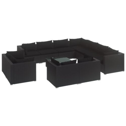 12-Piece Garden Lounge Set with Cushions Black Poly Rattan Wicker Outdoor Patio Furniture