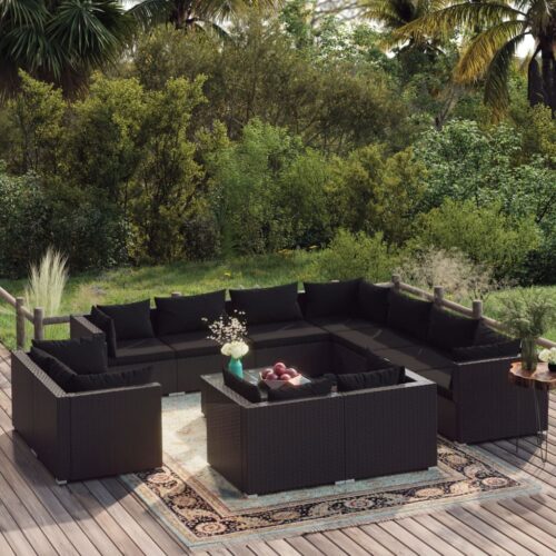 12-Piece Garden Lounge Set with Cushions Black Poly Rattan Wicker Outdoor Patio Furniture - Image 2