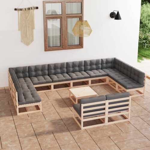 13-Piece Garden Lounge Set with Cushions Pine Wood Outdoor Patio Furniture - Image 2