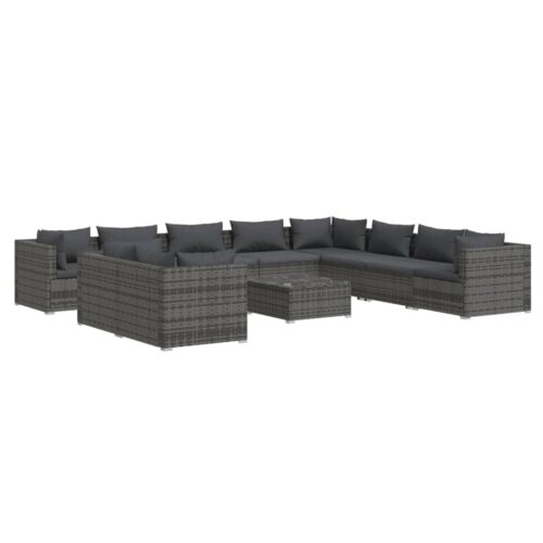 11-Piece Garden Lounge Set with Cushions Grey Poly Rattan Wicker Outdoor Patio Furniture