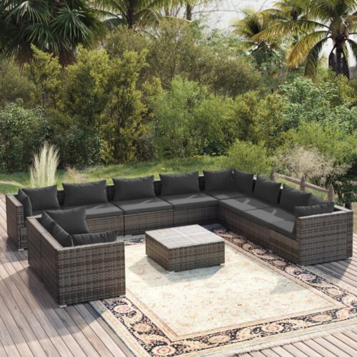 11-Piece Garden Lounge Set with Cushions Grey Poly Rattan Wicker Outdoor Patio Furniture - Image 2