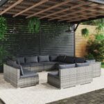 11-Piece Garden Lounge Set with Cushions Grey Poly Rattan Wicker Outdoor Patio Furniture