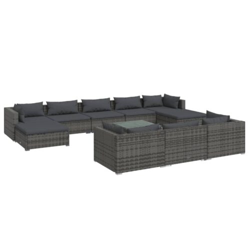 11-Piece Garden Lounge Set with Cushions Grey Poly Rattan Wicker Outdoor Patio Furniture