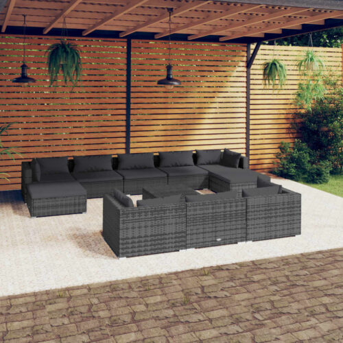 11-Piece Garden Lounge Set with Cushions Grey Poly Rattan Wicker Outdoor Patio Furniture - Image 2