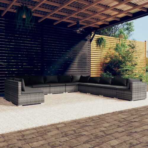 11-Piece Garden Lounge Set with Cushions Grey Poly Rattan Wicker Outdoor Patio Furniture - Image 2