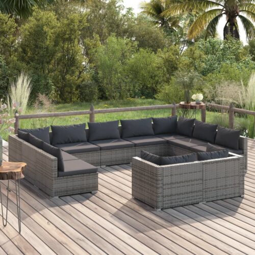 11-Piece Garden Lounge Set with Cushions Grey Poly Rattan Wicker Outdoor Patio Furniture - Image 2