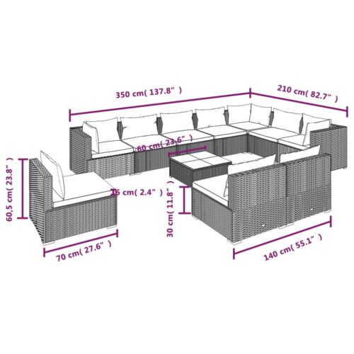 11-Piece Garden Lounge Set with Cushions Poly Rattan Wicker Outdoor Patio Furniture Black - Image 6