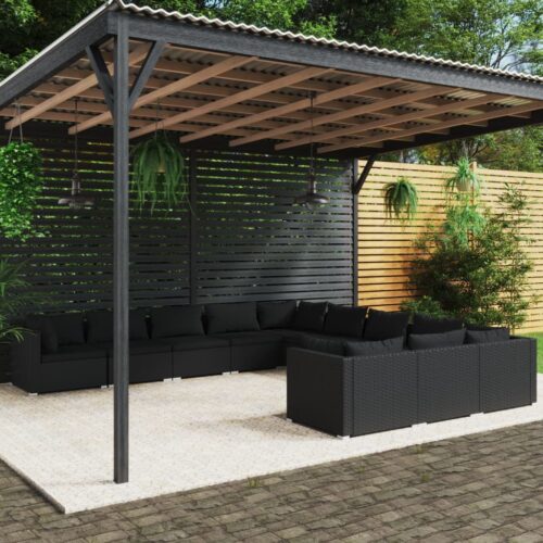 11-Piece Garden Lounge Set with Cushions Poly Rattan Wicker Outdoor Patio Furniture Black - Image 2