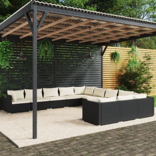 11-Piece Garden Lounge Set with Cushions Poly Rattan Wicker Outdoor Patio Furniture Black - Image 2