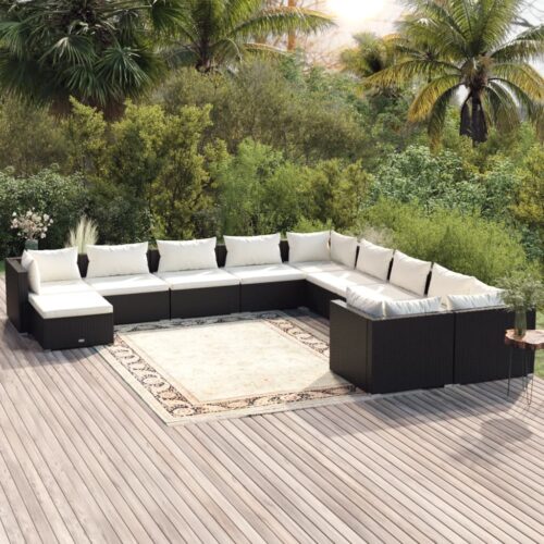 11-Piece Garden Lounge Set with Cushions Poly Rattan Wicker Outdoor Patio Furniture Black - Image 2