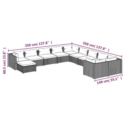 11-Piece Garden Lounge Set with Cushions Poly Rattan Wicker Outdoor Patio Furniture Black - Image 8