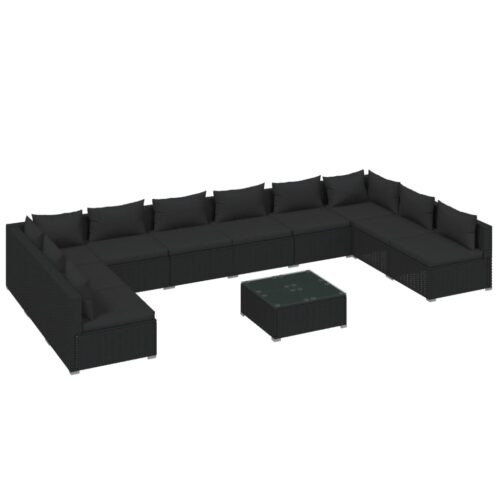 11-Piece Garden Lounge Set with Cushions Poly Rattan Wicker Outdoor Patio Furniture Black