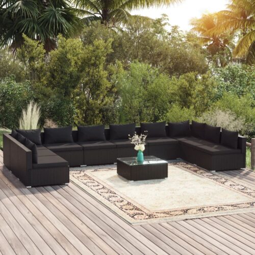 11-Piece Garden Lounge Set with Cushions Poly Rattan Wicker Outdoor Patio Furniture Black - Image 2