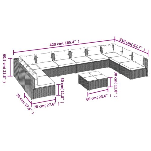 11-Piece Garden Lounge Set with Cushions Poly Rattan Wicker Outdoor Patio Furniture Black - Image 9