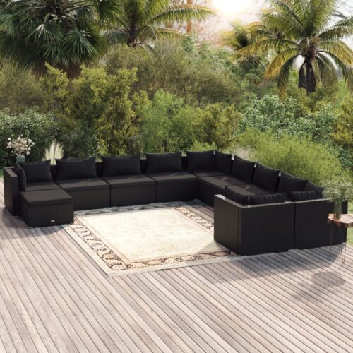 11-Piece Garden Lounge Set with Cushions Poly Rattan Wicker Outdoor Patio Furniture Black - Image 2