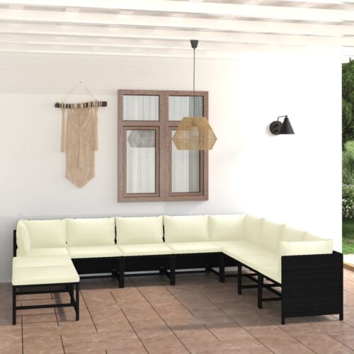 11-Piece Garden Lounge Set with Cushions Poly Rattan Wicker Outdoor Patio Furniture Black - Image 2